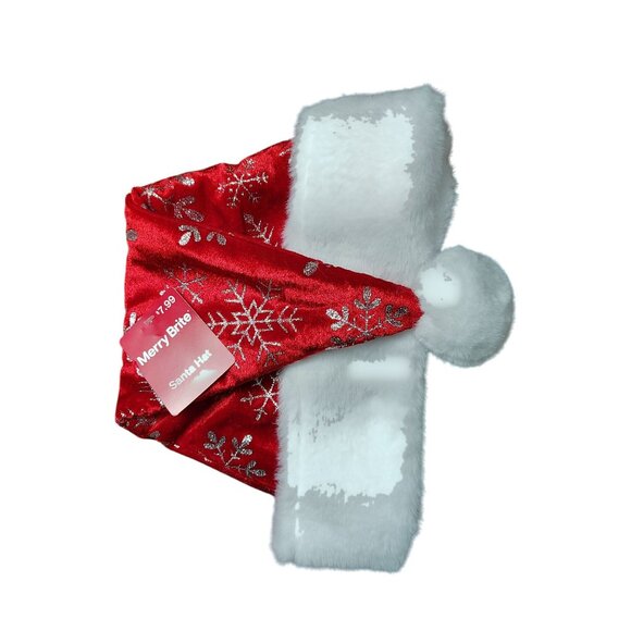 Merry Brite 17 inch Red Snowflake Santa Hat With White Faux Fur Trim and Pom-Pom - Picture 4 of 5